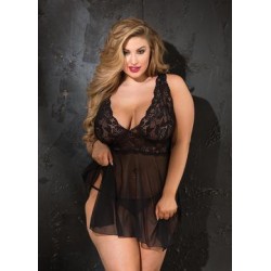 Stretch Lace & Stretch Mesh Baby Doll - Black - Queen Size 