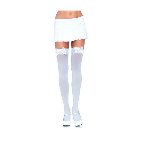 Satin Bow Opaque Thigh Highs - White - Queen Size 