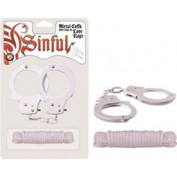 Sinful Metal Cuffs with Keys & Love Rope - White 