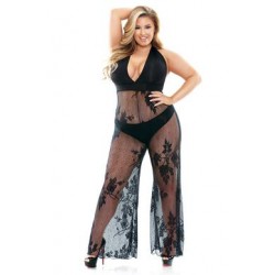 Curve Nicki Stretch Micro & Lace Halter Jumpsuit with Panty - Plus Size 1x/2x