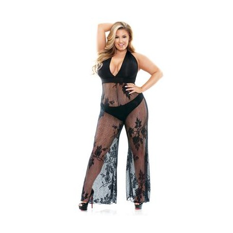 Curve Nicki Stretch Micro & Lace Halter Jumpsuit with Panty - Plus Size 1x/2x