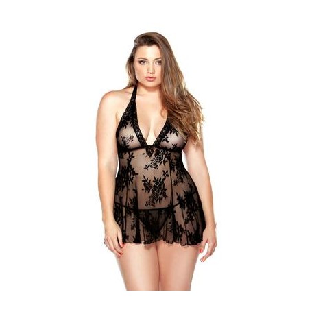 Curve Stretch Lace Chemise & Matching G-string - Black- 1x/2x