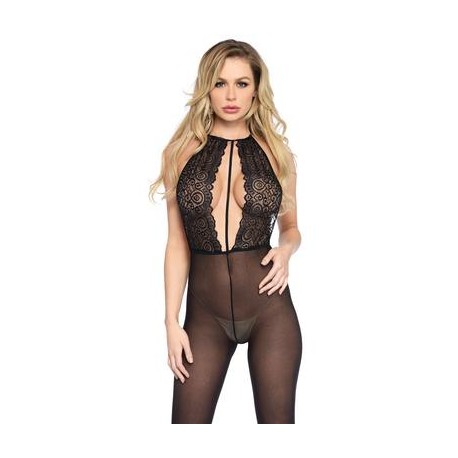 Backless Halter Keyhole Lace & Opaque Bodystocking - One Size - Black 
