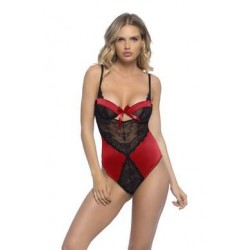 Satin and Lace Teddy W/ Bow Neckline - Small/ Medium - Red/ Black 