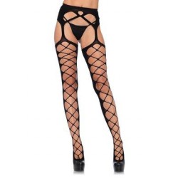 Diamond Net Opaque Stockings W/ Attached Garter - Black - One Size 