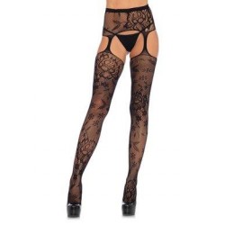 Floral Lace Stockings W/ Attached Waist Garterbelt - Black - One Size 