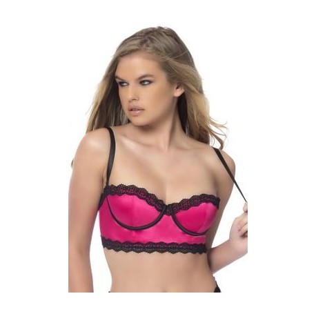 Longline Satin Balconette Bra with Lace Trimmed Edges and Removable Straps - 2x - Bright Rose/bl