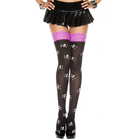 Lace Top Cross Skull Print Opaque Thigh Hi - One Size - Black / Purple