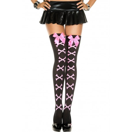 Cross Bone and Satin Bow Opaque Thigh Hi - One Size - Black / Pink