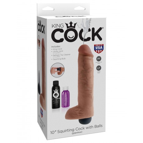 King Cock 10 Inch Squirting Cock With Balls - Tan