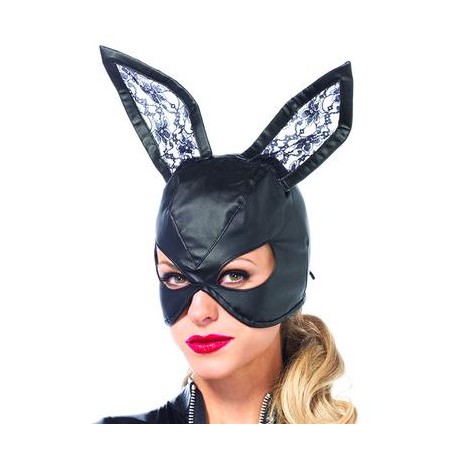 Faux Leather Bunny Mask with Lace Ears - Black 