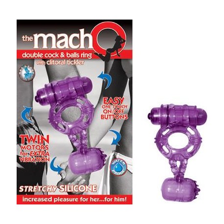 The Macho Double Cock and Balls Ring with Clitoral Tickler - Purple
